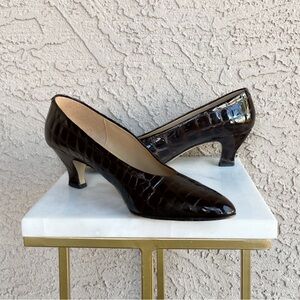 VTG 80s NARROW Liz Claiborne Chocolate Brown Leather Croc Embossed Pumps 7.5/8 N